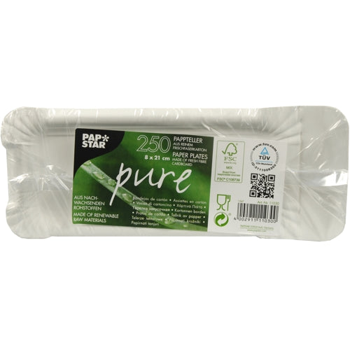 250 Teller, Pappe "pure" eckig 8 cm x 21 cm weiss mit Anfasser