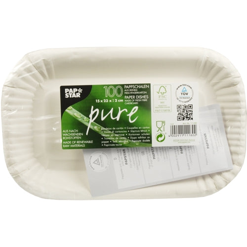 100 Schalen, Pappe "pure" eckig 15 cm x 23 cm x 2 cm weiss