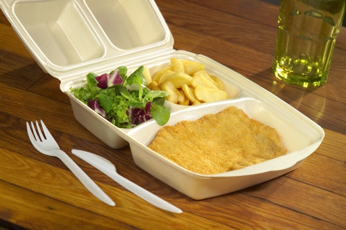 50 Menüboxen mit Klappdeckel, XPS 3-geteilt 7,5 cm x 22 cm x 28,5 cm beige laminiert