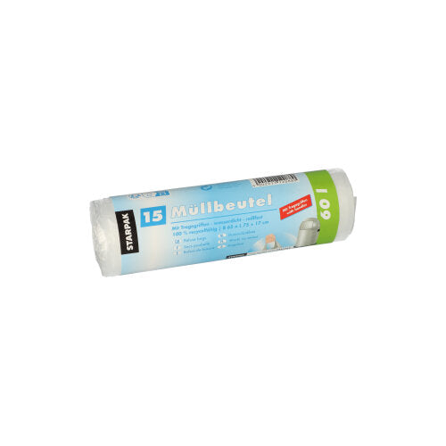 15 Müllbeutel mit Tragegriffen, HDPE 60 l 75 cm x 65 cm transparent