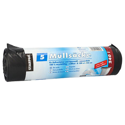 5 Müllsäcke, LDPE 240 l 125 cm x 100 cm schwarz extra stark und extra reißfest