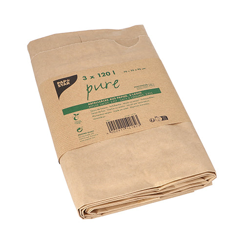 3 Abfallsäcke aus Papier "pure" 120 l 95 cm x 70 cm x 25 cm braun , 2-lagig