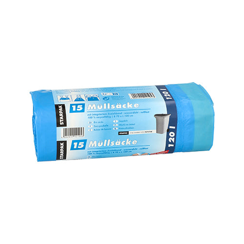 15 Müllsäcke mit Zugband, LDPE 120 l 100 cm x 70 cm blau