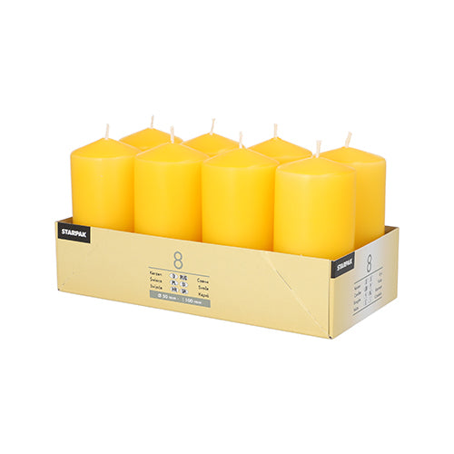 8 Stumpenkerzen Ø 50 mm · 100 mm goldgelb