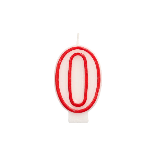 Zahlenkerze 7,3 cm weiss "0" mit rotem Rand