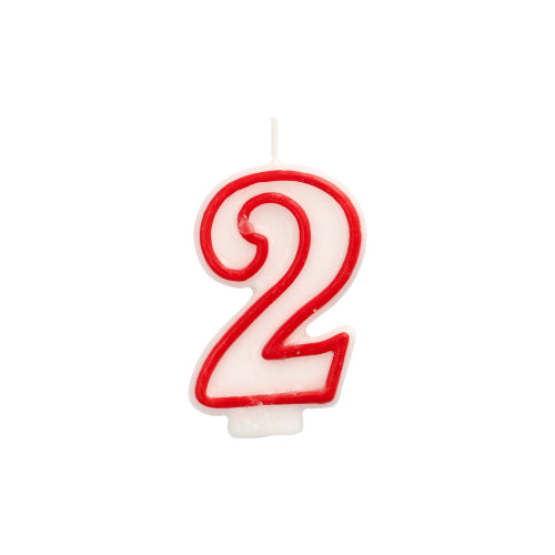Zahlenkerze 7,3 cm weiss "2" mit rotem Rand
