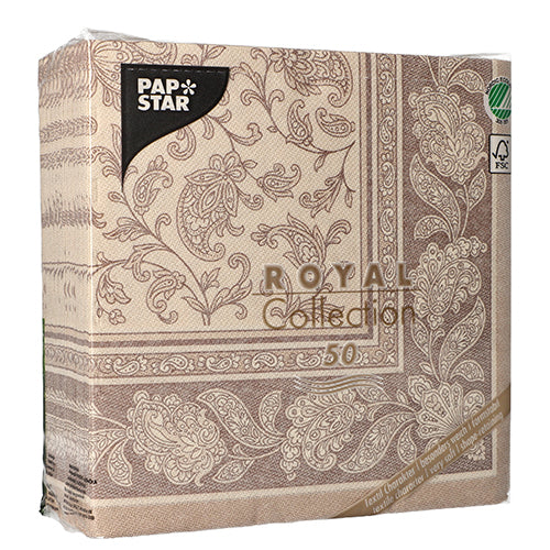 50 Servietten "ROYAL Collection" 1/4-Falz 40 cm x 40 cm mocca "Ornaments"