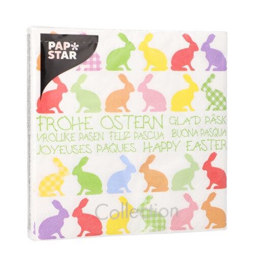 20 Servietten, 3-lagig 1/4-Falz 33 cm x 33 cm "Colourful Bunnies"