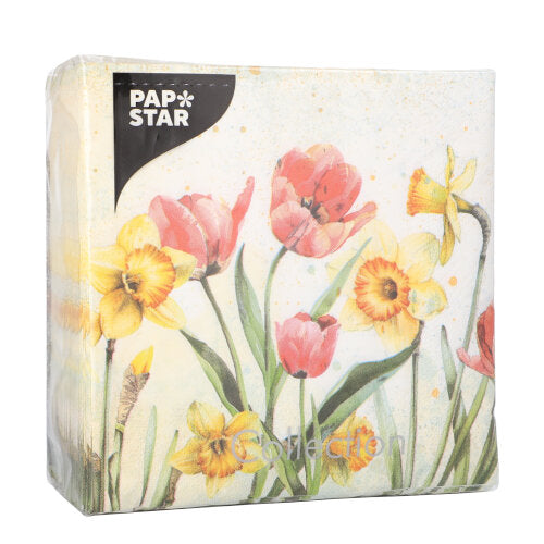 100 Servietten, 3-lagig 1/4-Falz 33 cm x 33 cm "Tulips & Daffodils"