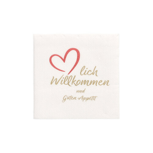 125 Servietten, 2-lagig "PUNTO" 1/4-Falz 20 cm x 20 cm weiss "Herzlich Willkommen & Guten Appetit"