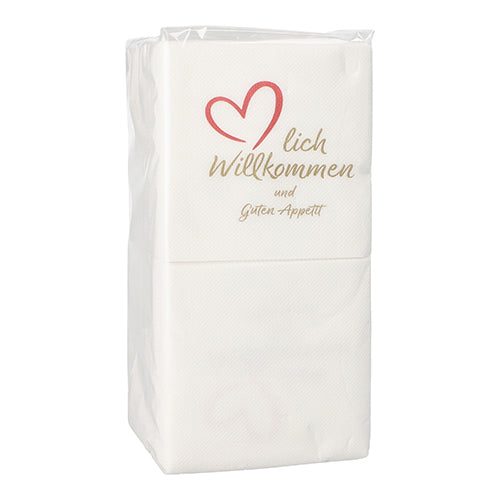 125 Servietten, 2-lagig "PUNTO" 1/4-Falz 20 cm x 20 cm weiss "Herzlich Willkommen & Guten Appetit"