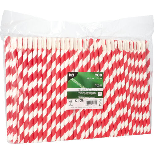 200 Trinkhalme mit Löffel Papier Ø 10 mm · 23 cm rot/weiss "Stripes"