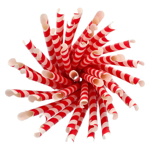 200 Trinkhalme mit Löffel Papier Ø 10 mm · 23 cm rot/weiss "Stripes"