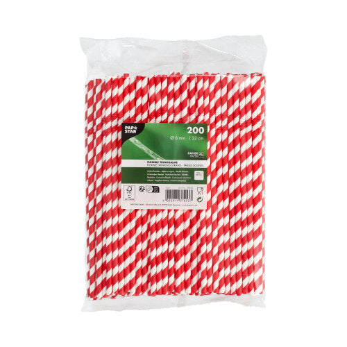 200 Trinkhalme Papier Ø 6 mm · 22 cm rot/weiss "Stripes" flexibel