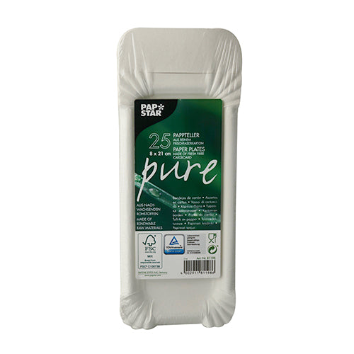 25 Teller, Pappe "pure" eckig 8 cm x 21 cm weiss mit Anfasser