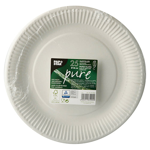 25 Teller, Pappe "pure" rund Ø 26 cm weiss extra stark
