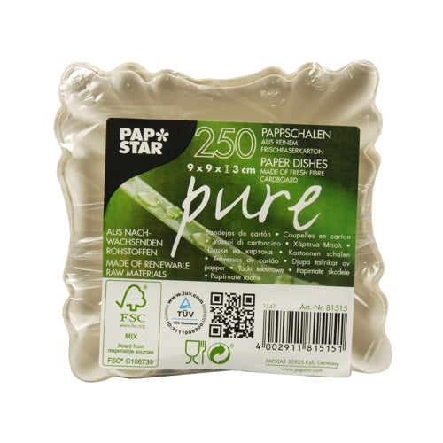 250 Schalen, Pappe "pure" eckig 9 cm x 9 cm x 3 cm weiss