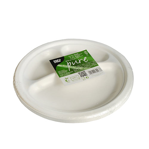12 Teller, Zuckerrohr "pure" 3-geteilt Ø 23 cm · 2 cm weiss