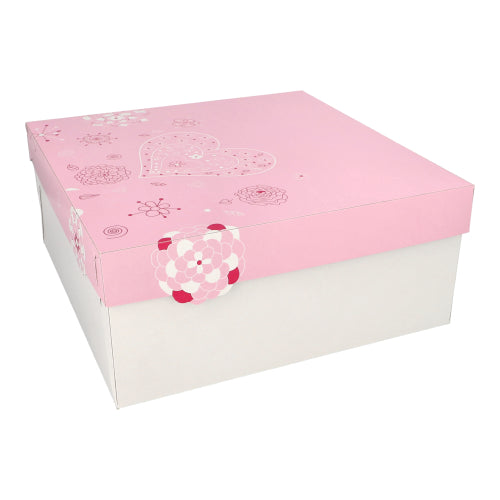 15 Tortenkartons, mit Deckel, Pappe eckig 30 cm x 30 cm x 13 cm weiss/rosa "Lovely Flowers"