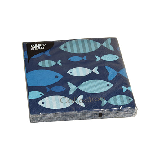 20 Servietten, 3-lagig 1/4-Falz 33 cm x 33 cm "Blue Fish"