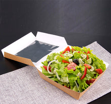 Lade das Bild in den Galerie-Viewer, 25 Feinkostboxen, Pappe mit Sichtfenster aus PLA eckig 750 ml 14 cm x 14 cm x 5 cm braun
