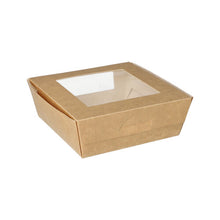 Lade das Bild in den Galerie-Viewer, 25 Feinkostboxen, Pappe mit Sichtfenster aus PLA eckig 750 ml 14 cm x 14 cm x 5 cm braun
