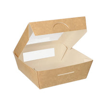 Lade das Bild in den Galerie-Viewer, 25 Feinkostboxen, Pappe mit Sichtfenster aus PLA eckig 750 ml 14 cm x 14 cm x 5 cm braun
