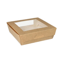 Lade das Bild in den Galerie-Viewer, 25 Feinkostboxen, Pappe mit Sichtfenster aus PLA eckig 1000 ml 16 cm x 16 cm x 5 cm braun
