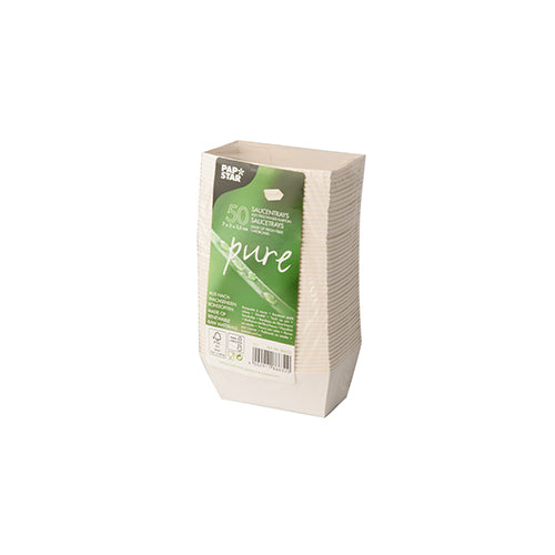 50 Saucentrays, Pappe "pure" 3,5 cm x 3 cm x 7 cm weiss "Good Food"