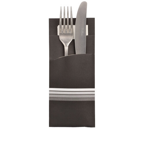 520 Bestecktaschen 20 cm x 8,5 cm schwarz/weiss "Stripes" inkl. farbiger Serviette
