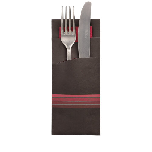 520 Bestecktaschen 20 cm x 8,5 cm schwarz/bordeaux "Stripes" inkl. farbiger Serviette