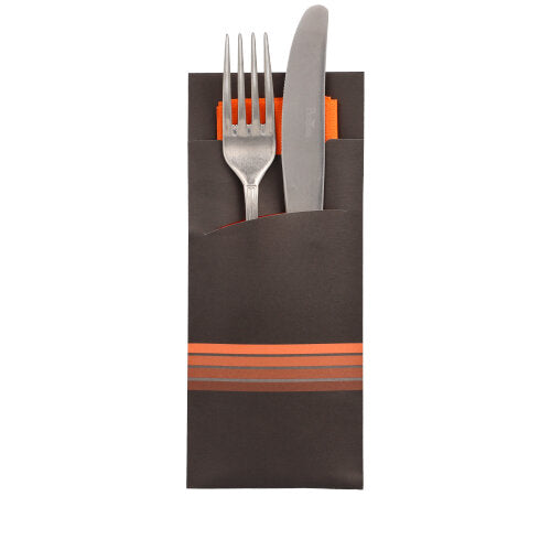 520 Bestecktaschen 20 cm x 8,5 cm schwarz/orange "Stripes" inkl. farbiger Serviette