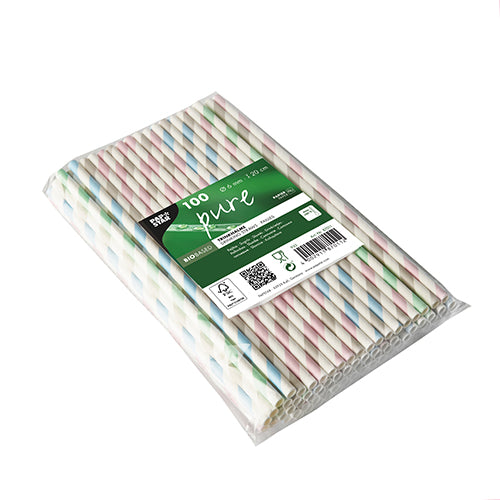 100 Trinkhalme, Papier Ø 6 mm · 20 cm farbig sortiert "Stripes"