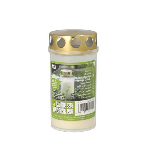 Öl-Licht T3, 100 % Pflanzenfett Ø 6,5 cm · 12,5 cm weiss transparente Hülle, mit Golddeckel