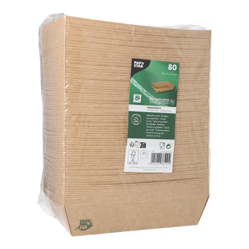 80 Snacktrays, Pappe "pure" 4 cm x 11 cm x 16 cm braun "100% Fair" extra groß