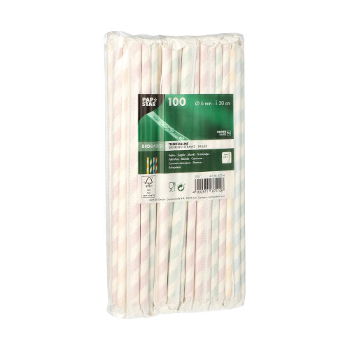 100 Trinkhalme, Papier Ø 6 mm · 20 cm farbig sortiert "Stripes" einzeln gehüllt
