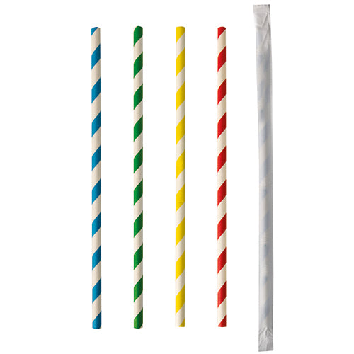 100 Trinkhalme, Papier Ø 6 mm · 20 cm farbig sortiert "Stripes" einzeln gehüllt