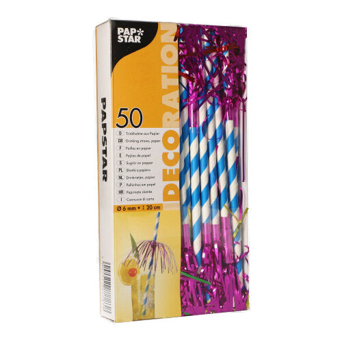 50 Trinkhalme, Papier Ø 6 mm · 20 cm blau/weiss "Fireworks"