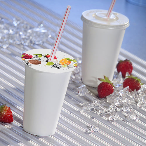 100 Abdeckungen für Becher, Pappe rund Ø 10 cm "Fruits" mit Lochung