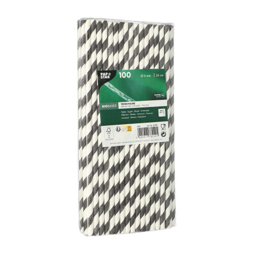 100 Trinkhalme, Papier Ø 6 mm · 24 cm schwarz/weiss "Stripes"
