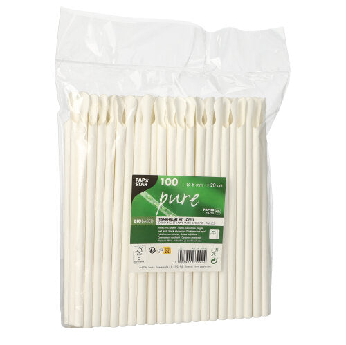 100 Trinkhalme mit Löffel, Papier "pure" Ø 8 mm · 20 cm weiss