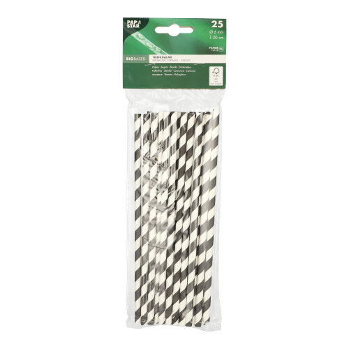 25 Trinkhalme, Papier Ø 6 mm · 20 cm schwarz/weiss "Stripes"
