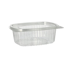 Lade das Bild in den Galerie-Viewer, 50 Feinkost- und Salatschalen mit Klappdeckel, R-PET oval 500 ml 5,5 cm x 12,4 cm x 15 cm klar
