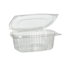 Lade das Bild in den Galerie-Viewer, 50 Feinkost- und Salatschalen mit Klappdeckel, R-PET oval 500 ml 5,5 cm x 12,4 cm x 15 cm klar
