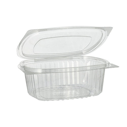 50 Feinkost- und Salatschalen mit Klappdeckel, R-PET oval 500 ml 5,5 cm x 12,4 cm x 15 cm klar