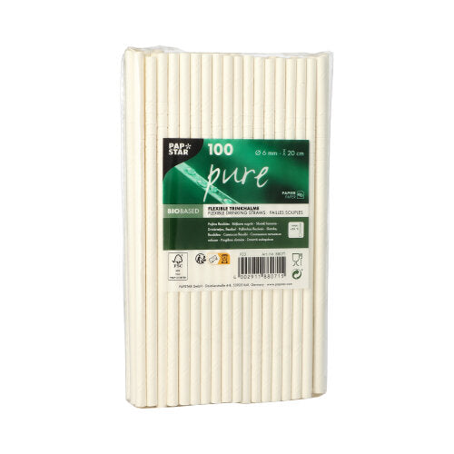 100 Trinkhalme Papier "pure" Ø 6 mm · 20 cm weiss flexibel