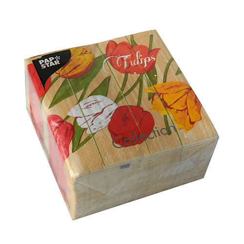 100 Servietten, 3-lagig 1/4-Falz 33 cm x 33 cm "Blooming Tulips"