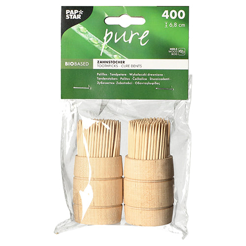 400 Zahnstocher, Holz "pure" rund 6,8 cm im Spender aus Holz