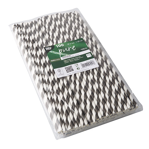 100 Trinkhalme, Papier Ø 6 mm · 29 cm schwarz/weiss "Stripes"
