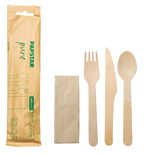 Besteckset, Holz "pure" : Messer, Gabel, Löffel, Serviette in Papierbeutel